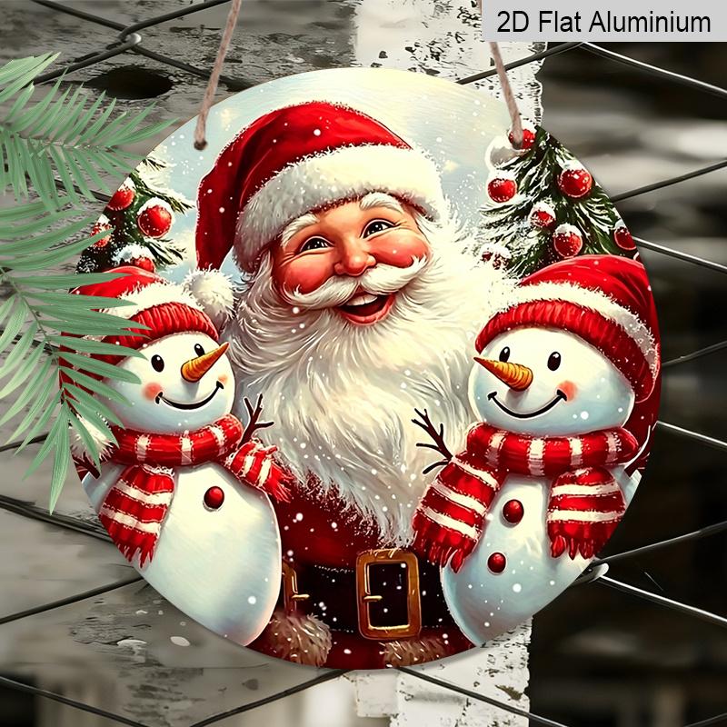 2D Flat 1pc Round Aluminum Hanging Sign, Vintage Santa Claus Two Snowmen Christmas Tree Metal Wall Decor, Xmas Winter Farmhouse Front Door Porch