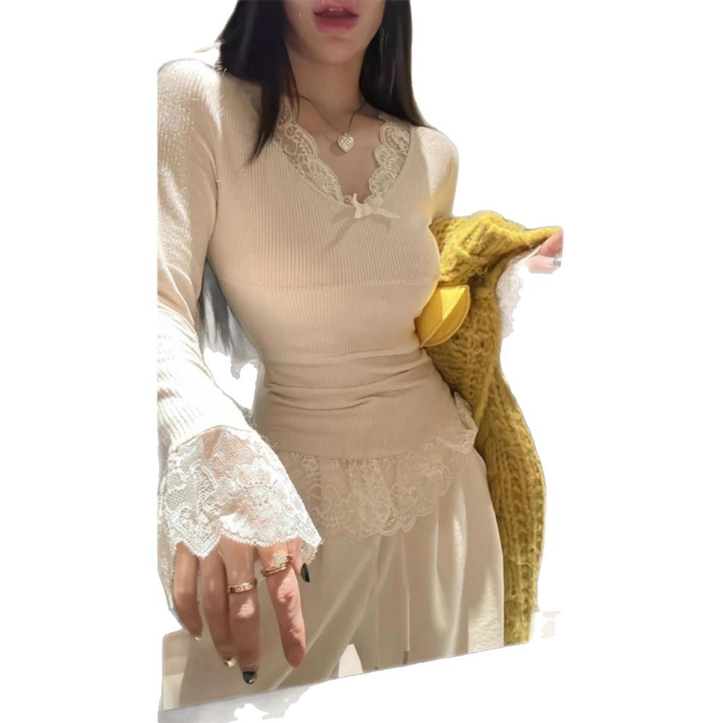 Women's Lace Trim Bow Knot Long Sleeve T-shirt - Slim Fit Spring/Autumn Fashion