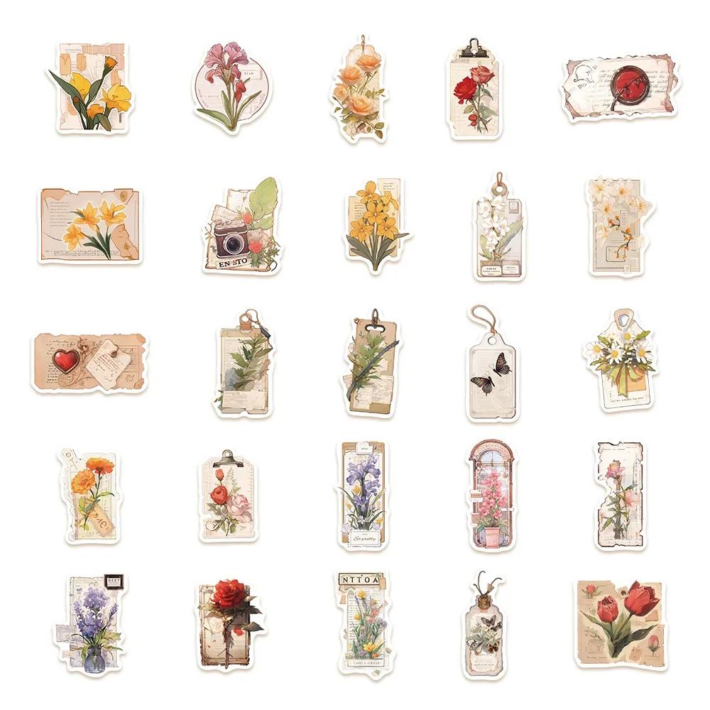 10/30/50pcs Vintage Flower Postcard Plants Stickers Art Aesthetic Cartoon Decals Scrapbook Phone Suitcase Graffiti Sticker Decor