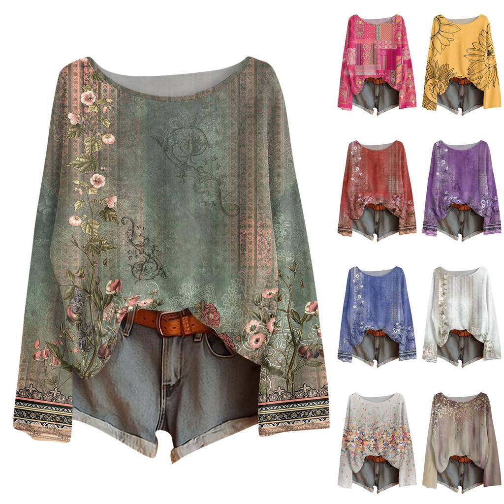 Langarmshirts für Damen Print Grafik T-Shirts Blusen Lässig Übergröße Basic Oberteile Pullover