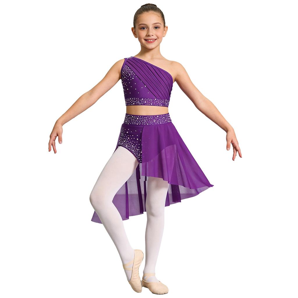 Kinder Mädchen 2-tlg. Glänzendes transparentes Netz-Crop-Top mit Rock Lyrischer Tanzkleid Ballsaal Kostüm