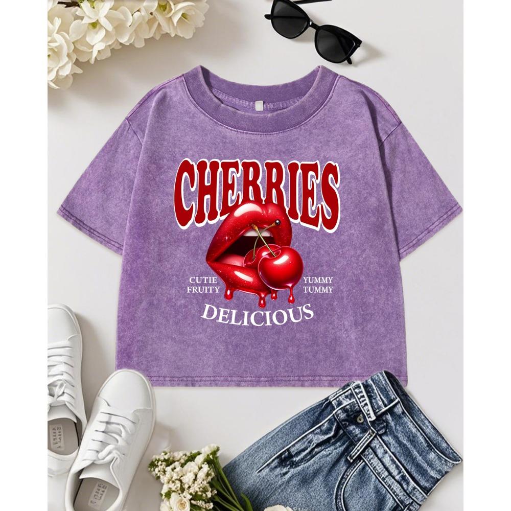 

Cherries Delicious Fruits Printing Womens Washed Slim T Shirt Soft Cotton T-Shirt Crop Short Sleeve Crewneck Top M
