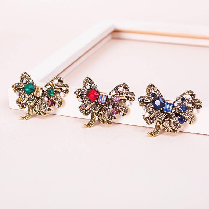 SKEDS Women Girls Vintage Classic Crystal Bow Ribbon Badges Pins Classic Luxury Design Bowknot Pins For Women's Clothing Coat