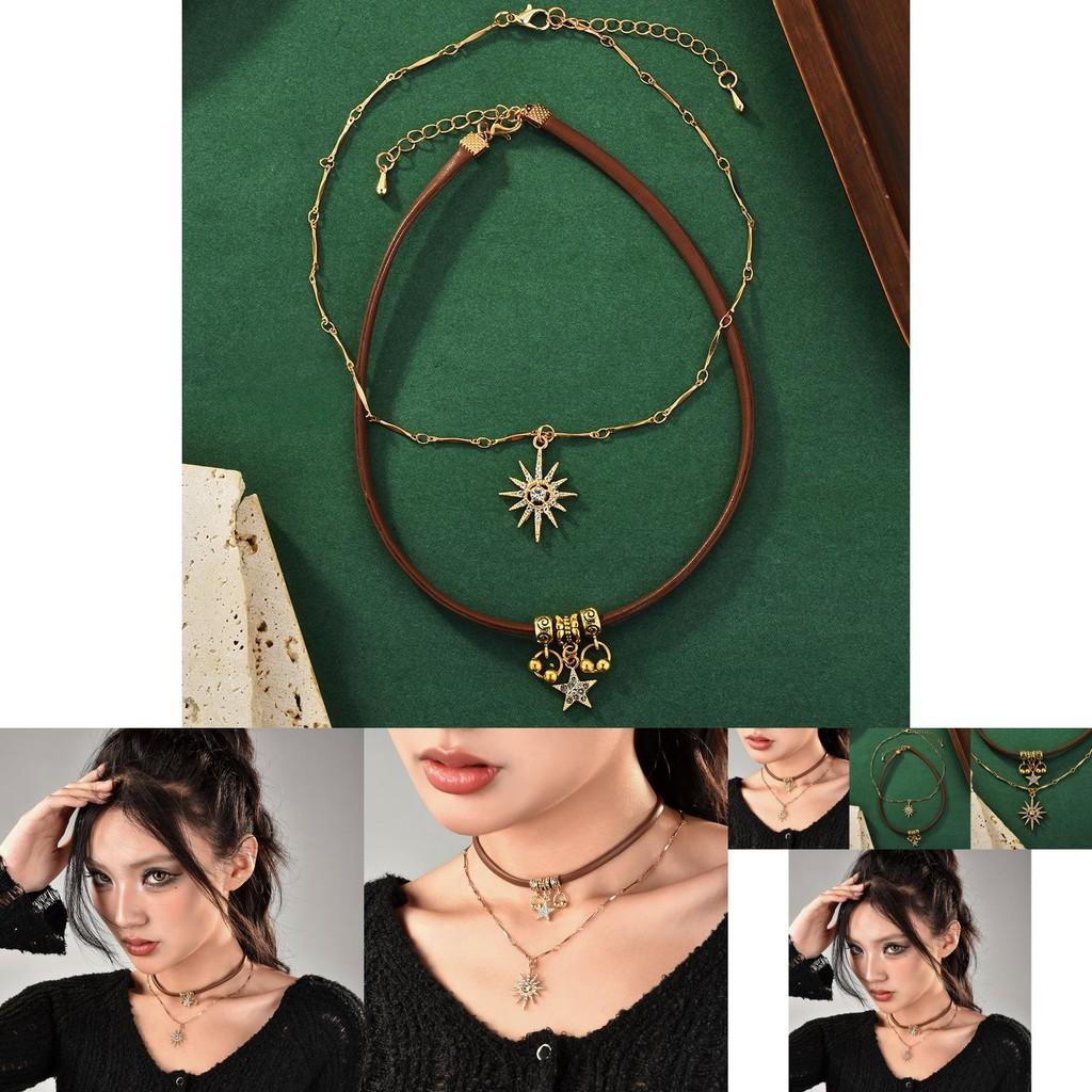 Stylish Two-layer Choker Necklace Set For Women With Rhinestone Stars And Flowers