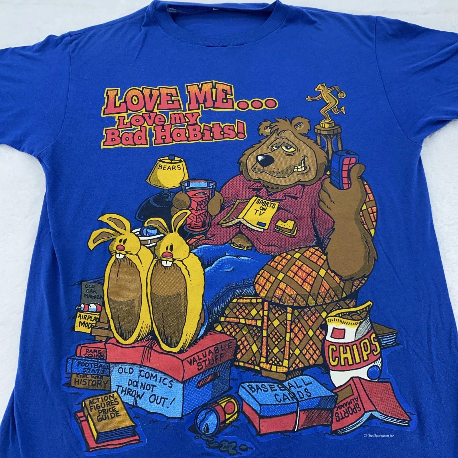 Vintage Love Me Love My Bad Habits Shirt Mens Large Bear Graphic Lazy Dad Joke S