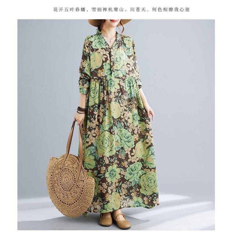 Neue Böhmische Vintage Bedruckte Lockere Bauchbedeckende Langarm Großer Schwung Lange Kleider