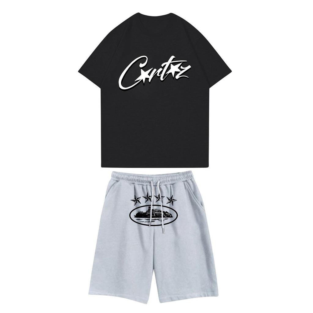 Unisex Jogging Set Summer Casual Printed Round Neck Short Sleeve T-Shirt + Shorts Set Sports Suit