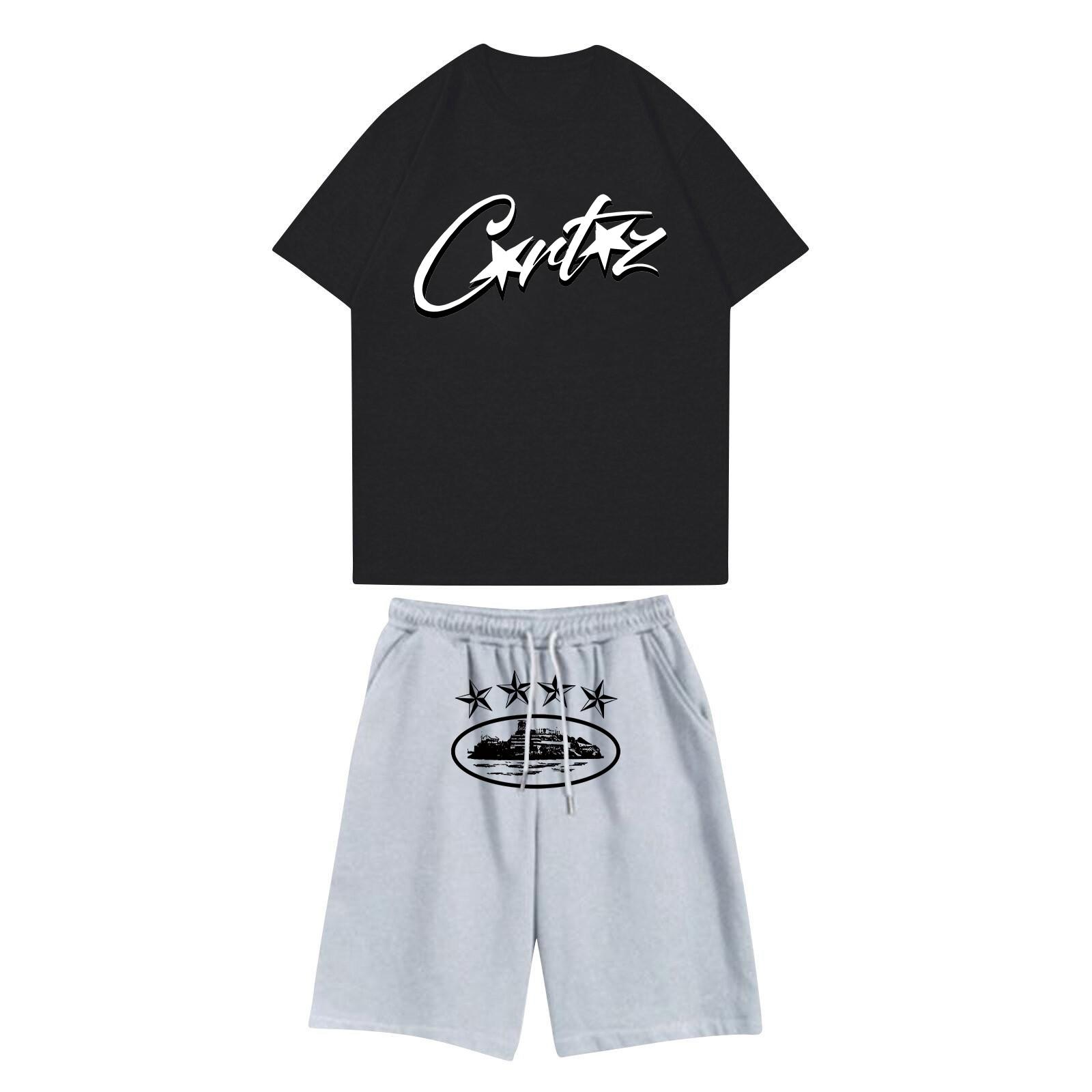 

Unisex Jogging Set Summer Casual Printed Round Neck Short Sleeve T-Shirt + Shorts Set Sports Suit L чорний