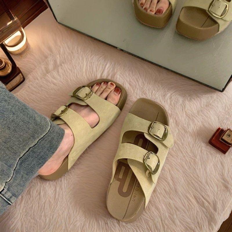 Cowhide version~ Genuine leather thick-soled one-word slippers for women's summer new beach cool slippers for women's fashion