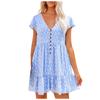 Fashion Women V Neck Button Floral Dress Short Sleeve Loose Casual Dress