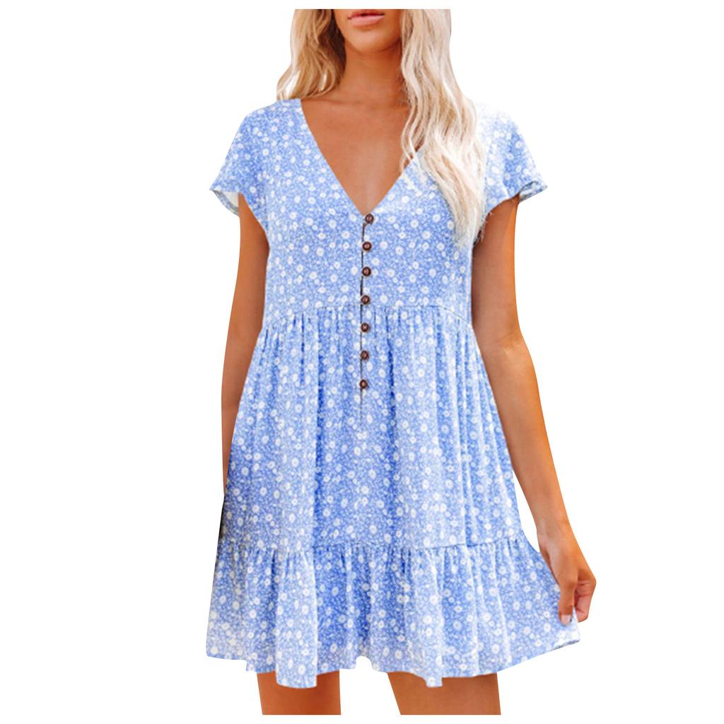 Fashion Women V Neck Button Floral Dress Short Sleeve Loose Casual Dress