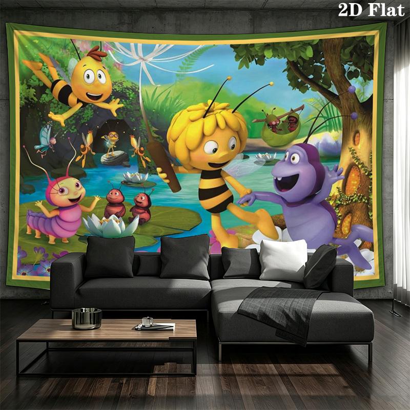 Maya the Bee Tapestry, Cartoon La Abeja Maya & Friends Honeycomb Print Wall Hanging for Kids Bedroom Home Decor
