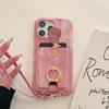 For iPhone 15 Pro Case Ring Kickstand Card Holder Jeans Cloth Texture PU Leather Back Cover with Strap