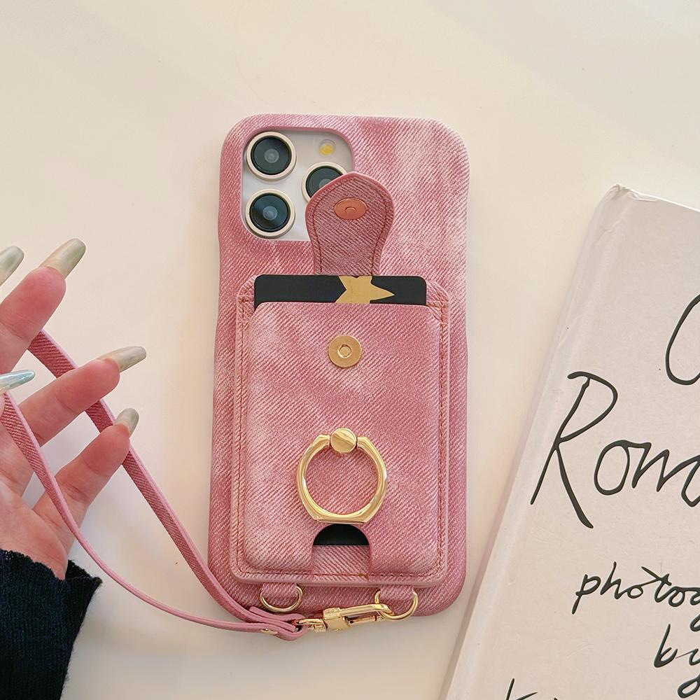 For iPhone 15 Pro Case Ring Kickstand Card Holder Jeans Cloth Texture PU Leather Back Cover with Strap