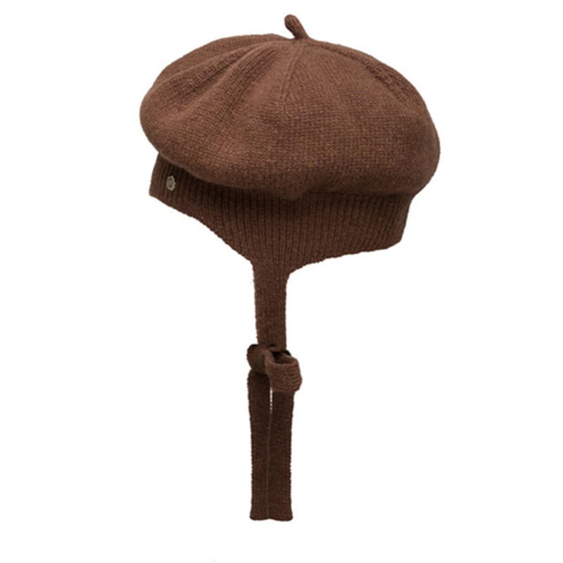 Brown Hat Tricot Ribbon Beret - Brown