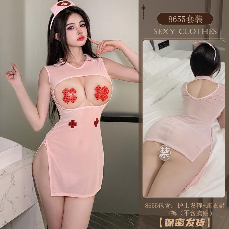 Erotic Underwear, Sexy Nurse Uniforms, Women's Mesh See-through Hot Uniforms, Seductive Pajama Sets Wholesale 8655