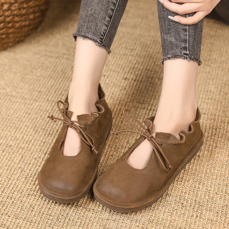 Spring and Autumn Vintage Inspired Soft Leather Martin Boots Lace-Up Casual Shoes for Women  Bootie with Solid Flats