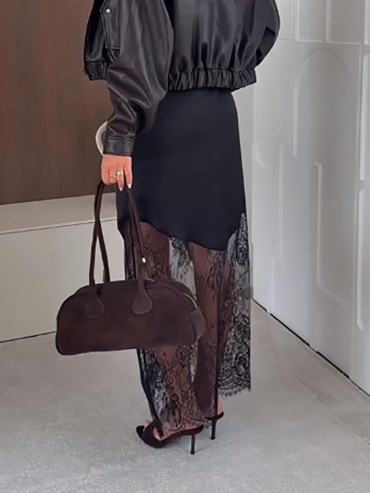 Women Satin Lace Long Skirt Elegant High Street Patchwork Sexy Loose Maxi Skirts Party Fashion Party Vestidos For Women