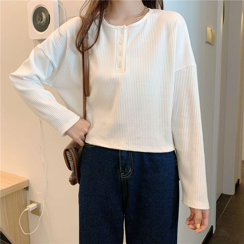 WTEMPO Women Long Sleeve Casual T-Shirts Elegant Simple Solid Button Design Retro Ins Spring Ladies Tees Loose All-match Tops