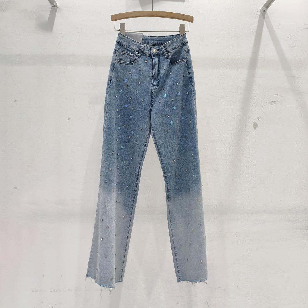 Gradient color high-waist jeans for women, new spring design beaded straight-leg wide-leg pants, cross-border trendy brand S