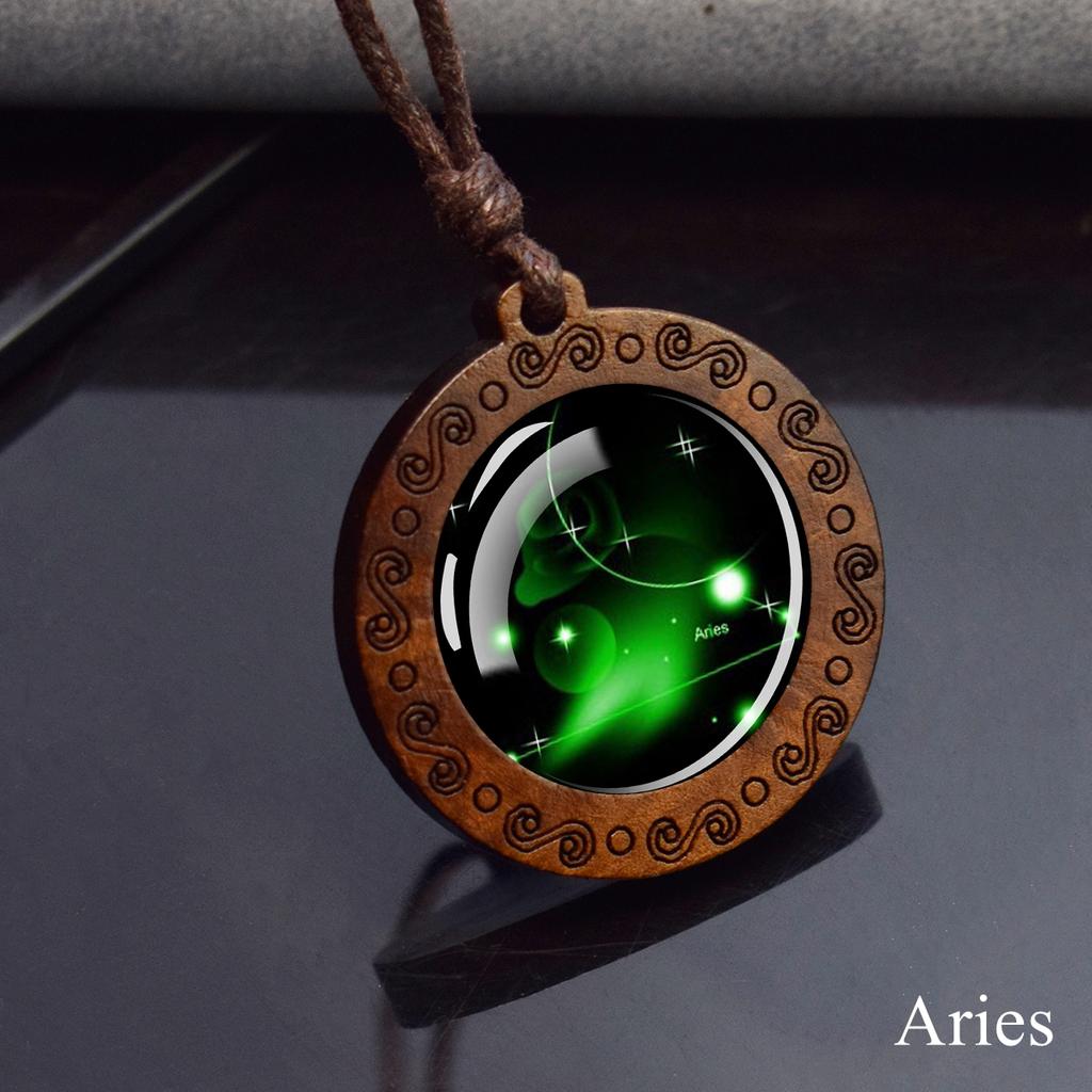 12 Constellation Necklace Starry Sky Zodiac Round Glass Wood Pendant Necklace Birthday Gift Couples Jewelry