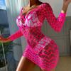 Copricostume da spiaggia estivo da donna Scava fuori maniche lunghe Vestibilità slim Scollo a V scollato sulla schiena Mini abito da spiaggia bikini trasparente Beach Mock