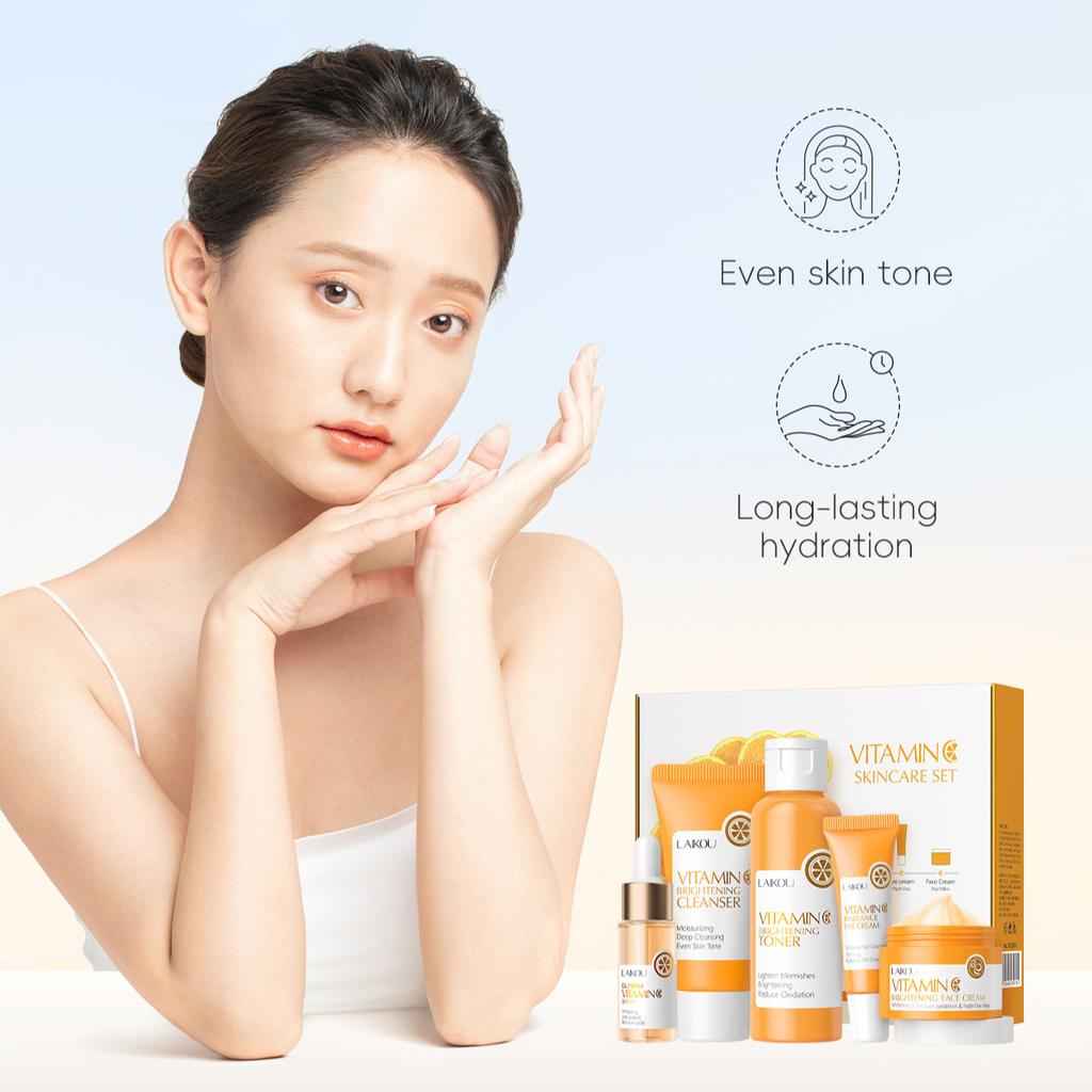 LAIKOU Vitamin C Hautpflege-Set 5-teilig Gesichtsreiniger Toner Serum Creme Augencreme