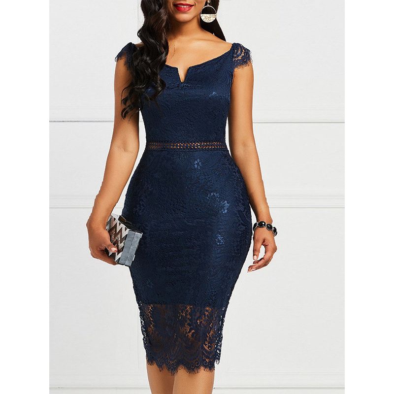 Solid Color Lace Hip Hugging Dress Women's Pure Color Sleeveless Lace Sheath Dress