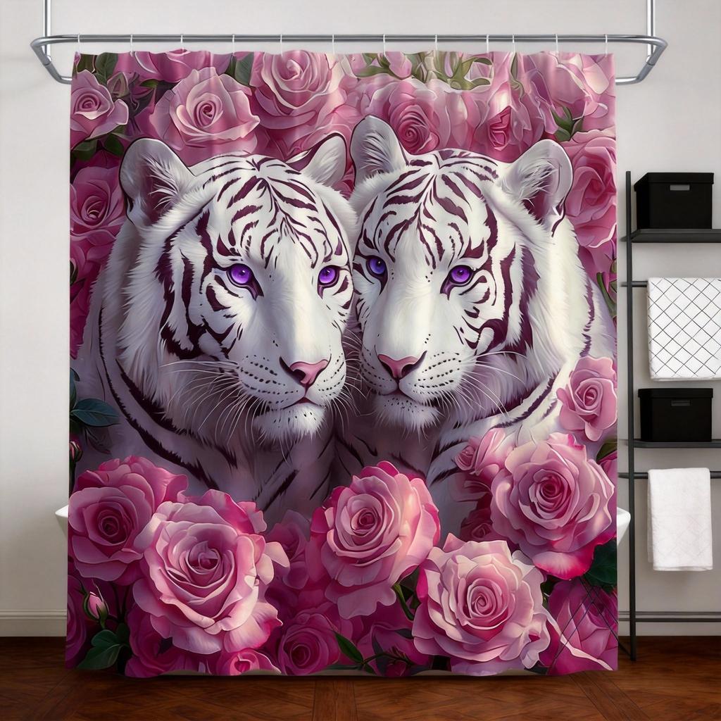 Tiger und Rose Duschvorhang 180x180cm – Weißer Tiger mit Blauen Augen, Rosa Blumendekor für das Badezimmer, 12 Haken