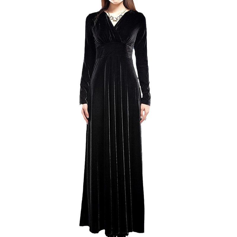 European and American new women's clothing autumn and winter solid color long-sleeved dress, golden velvet V-neck dress