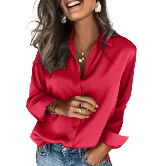 Women Satin Shirt Pure Color Loose Fit Imitation Silk Shirt Lapel Long Sleeve Buttons Placket Tops Business Casual Daily Wear
