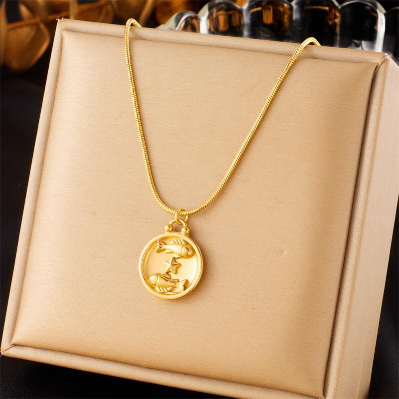 Retro New Round Double Sided Wearing 12 Constellation Pendant Titanium Steel Necklace Jewelry