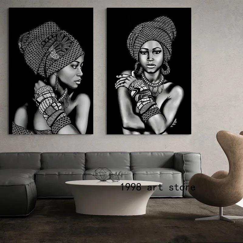 Beauty African Woman with Scarf Bracelet Necklace and Earring Art Poster Canvas Painting Wall Print Picture for Room Home Decor