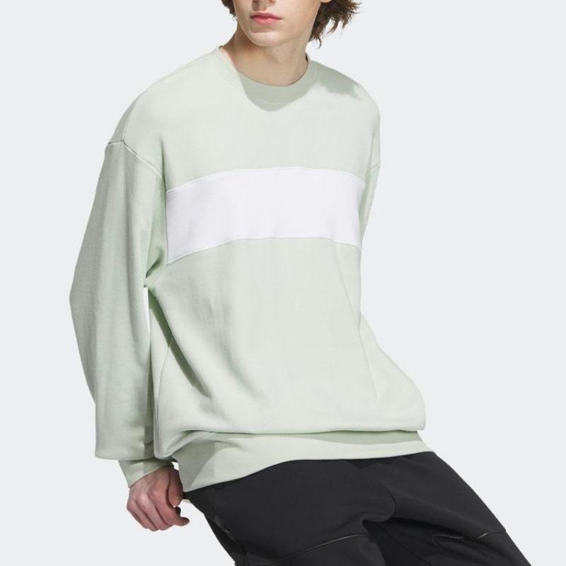 adidas Men's Light Mint Green White Stripe Loose Crew Neck Pullover Sweatshirt IT6394