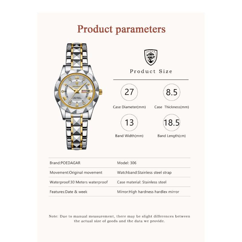 POEDAGAR Elegant Luxury Women Watch Luminous Waterproof Week Date Wristwatch Stainless Steel Fashion Quartz Ladies Watches