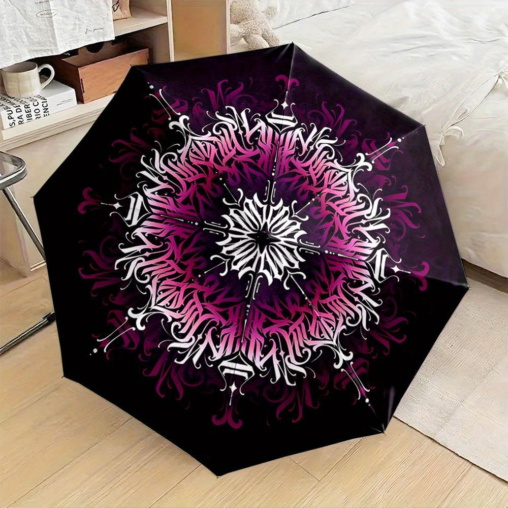 

Folding Umbrella The folding umbrella features intricate mandala patterns in pink, white, and purple, without any recognizable Iron&8K