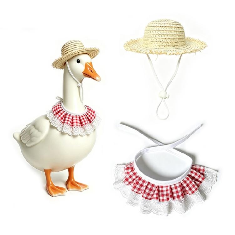 Entryway Geese Display Outfit Set With Matched Hat and Patterned Collar for Country Porch Styling and Shelf Accent