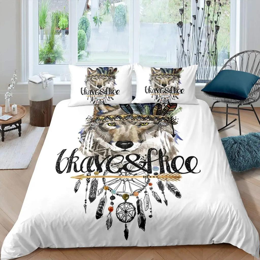 Wolf Dreamcatcher Duvet Cover Set Full Size Indian Dreamcatcher Animal 3D Bedding Set Exotic Style Bohemia Comforter/Quilt Cover