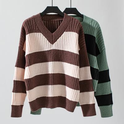 Women's Fall/Winter V-neck Knit Loose Retro Pullover Striped Color-block Sweater