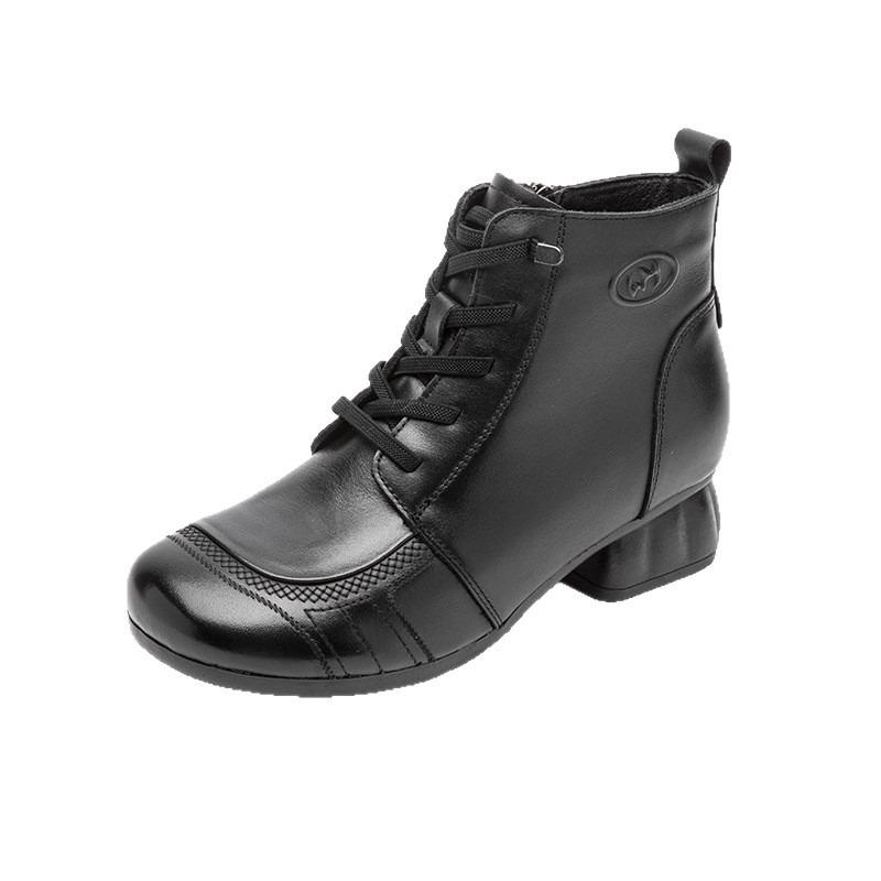 Beef tendon soft-soled genuine leather Martin boots women's thick medium heel retro short boots first layer cowhide medium mother boots