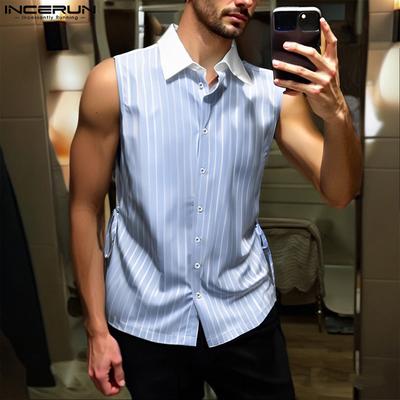 Men Patchwork Lapel Sleeveless Striped Side Cutout Shirts Tank Tops