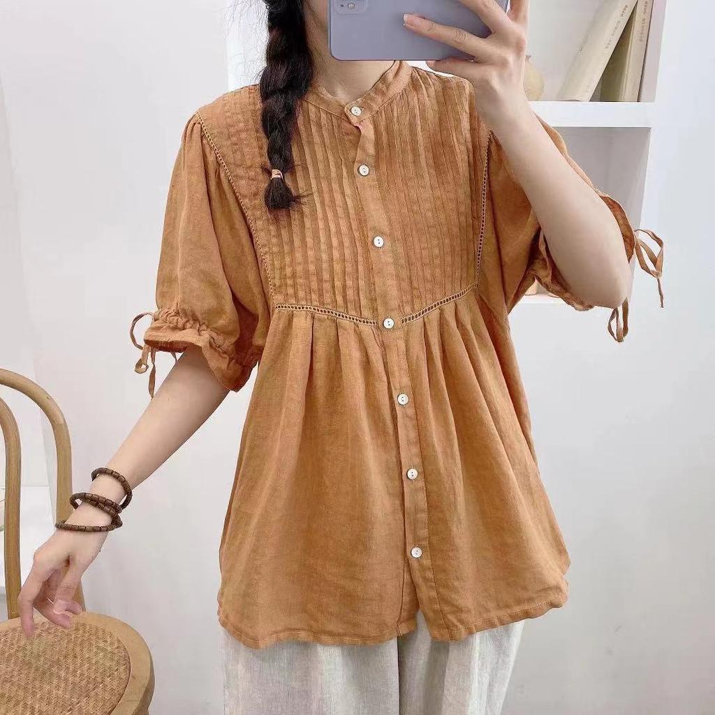 Johnature Camicie da donna in lino vintage Estate Mori drappeggiato monopetto sciolto manica corta donna 3 colori top camicette