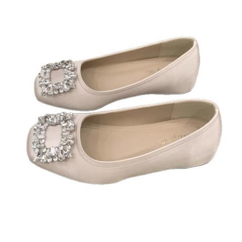 Rhinestone square buckle square head single shoes women's new spring flat temperament with skirt Mary Jane shoes ladyshoes