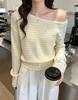 2026 Spring Korean Color Block One-Shoulder Knitwear: Loose Fit, Slimming Stripe Sweater