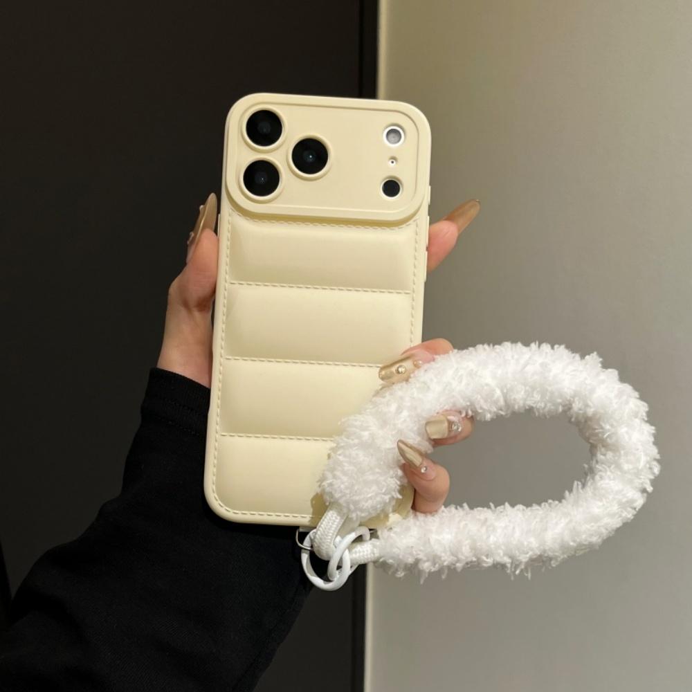 

Luxury Down Jacket Furry Lanyard Case for iPhone 17 16 Pro Max Air 14 15 Plus 11 12 13 X Xr Xs Plush Wrist Strap Winter Cover iPhone 13