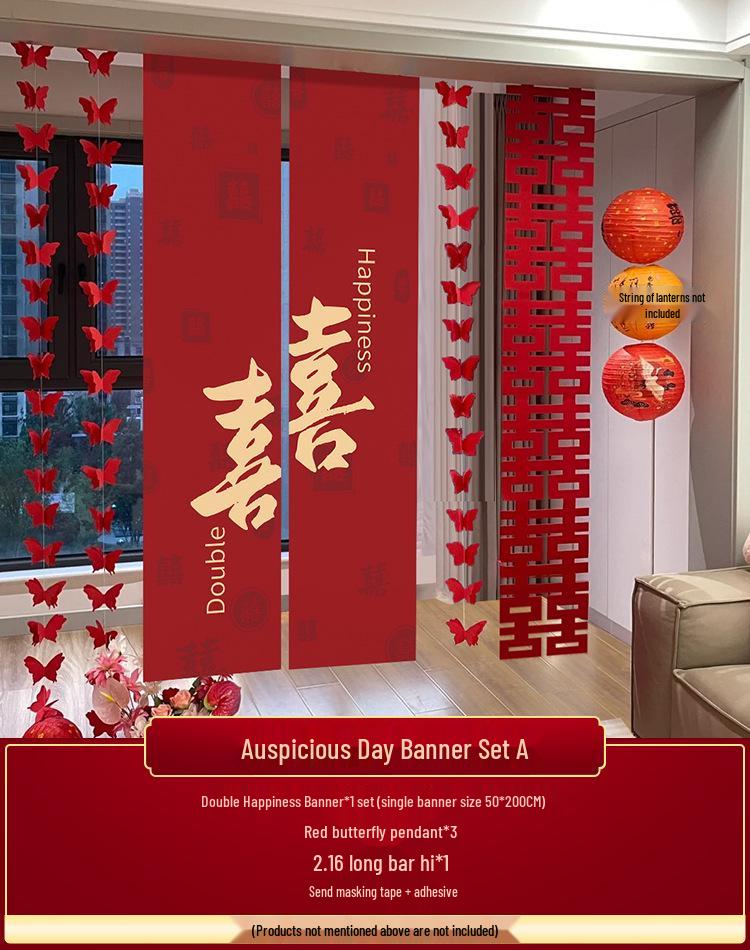 Double Happiness Wedding Room Cloth Banner Set for Ceremony and Hotel Décor
