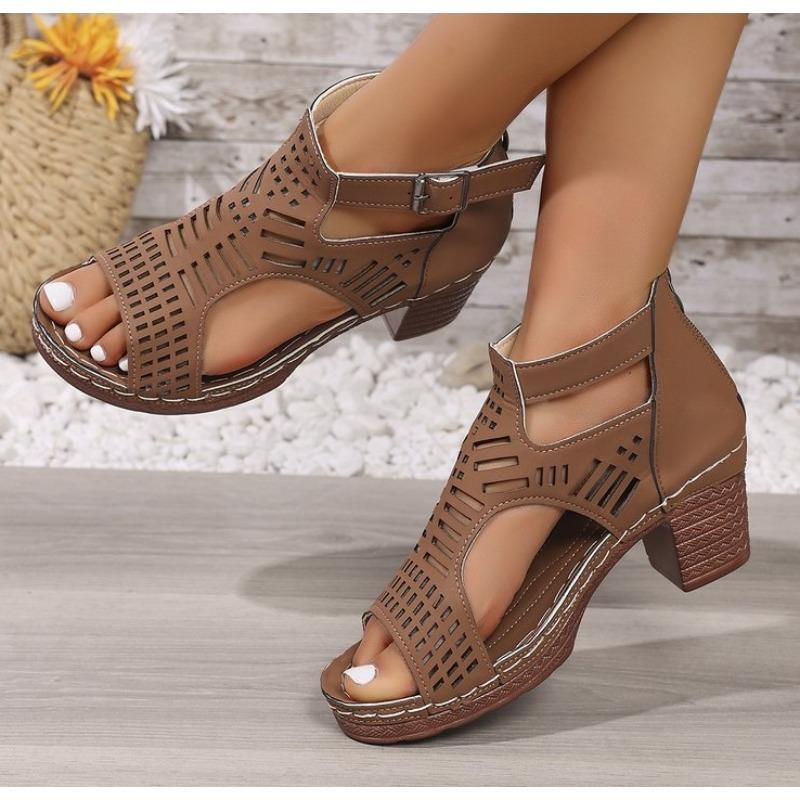 Fashion Hook Loop High Heels Sandals Women Summer 2025 Pu Leather Square Heel Rome Sandals Woman Open Toe Sexy Outdoor Sandalias Mujer