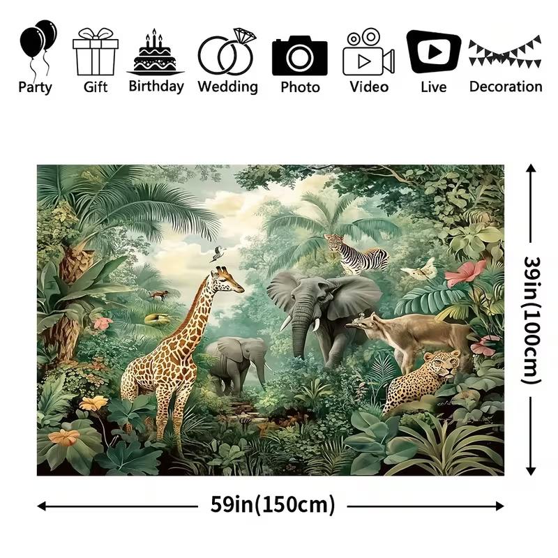 Retro Safari Backdrop with Wildlife and Lush Greenery Photography Background Cloth