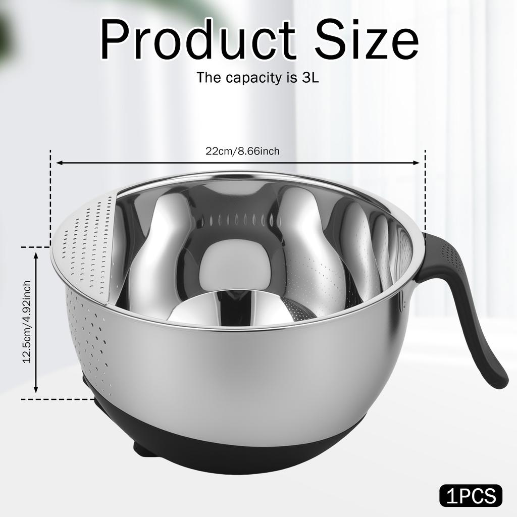 Stainless Steel Rice Washing Colander Bowl with Silicone Base and Handle Versatile Side Drainers for Cleaning Fruits Vegetables