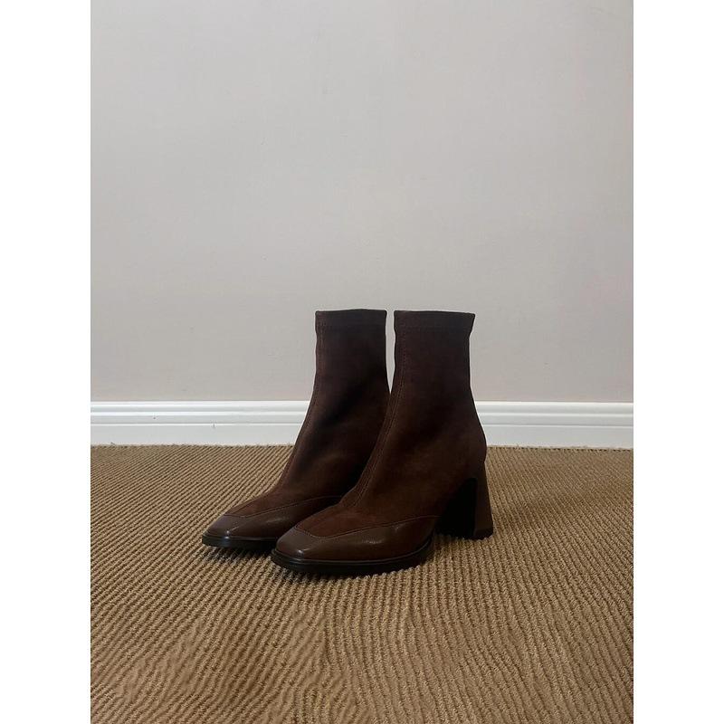 Cowhide version~ Stylish and simple retro thin high-heeled elastic boots women's rear zipper square head leather splicing thin boots